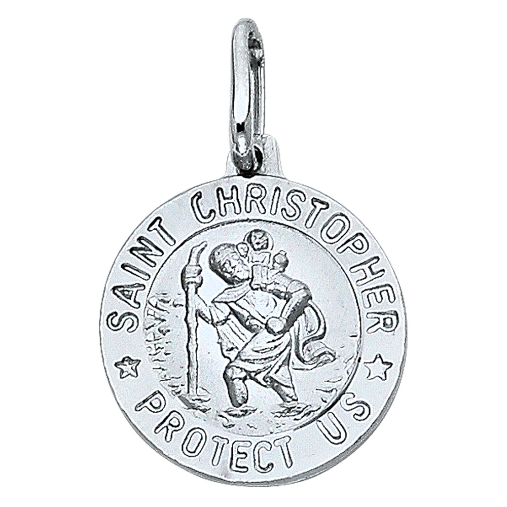 14K White Gold Small St. Christopher Round Medal Charm Pendant